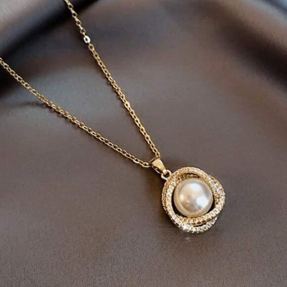 3/$35 Titanium Steel Pearl Necklace Gold Dainty Crystal Zirconia Pendant Jewelry - Picture 6 of 6
